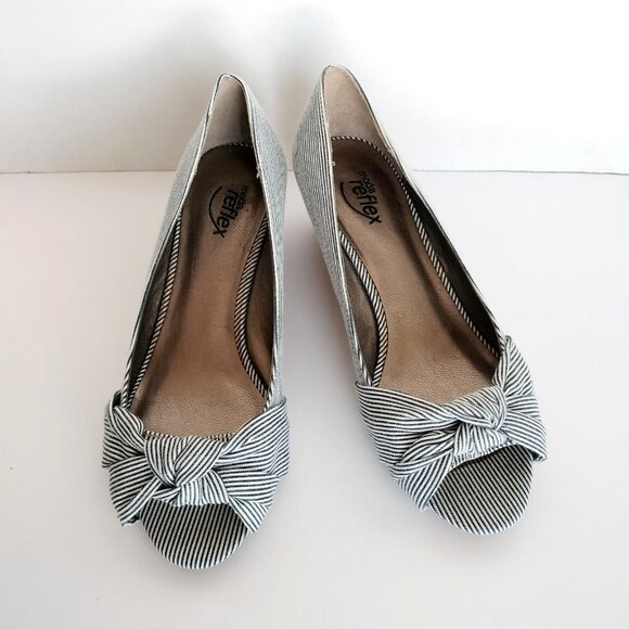Moda Reflex Cork Wedge Peep Toe Shoes 9.5M Navy White Stripe Fabric New - Picture 2 of 9